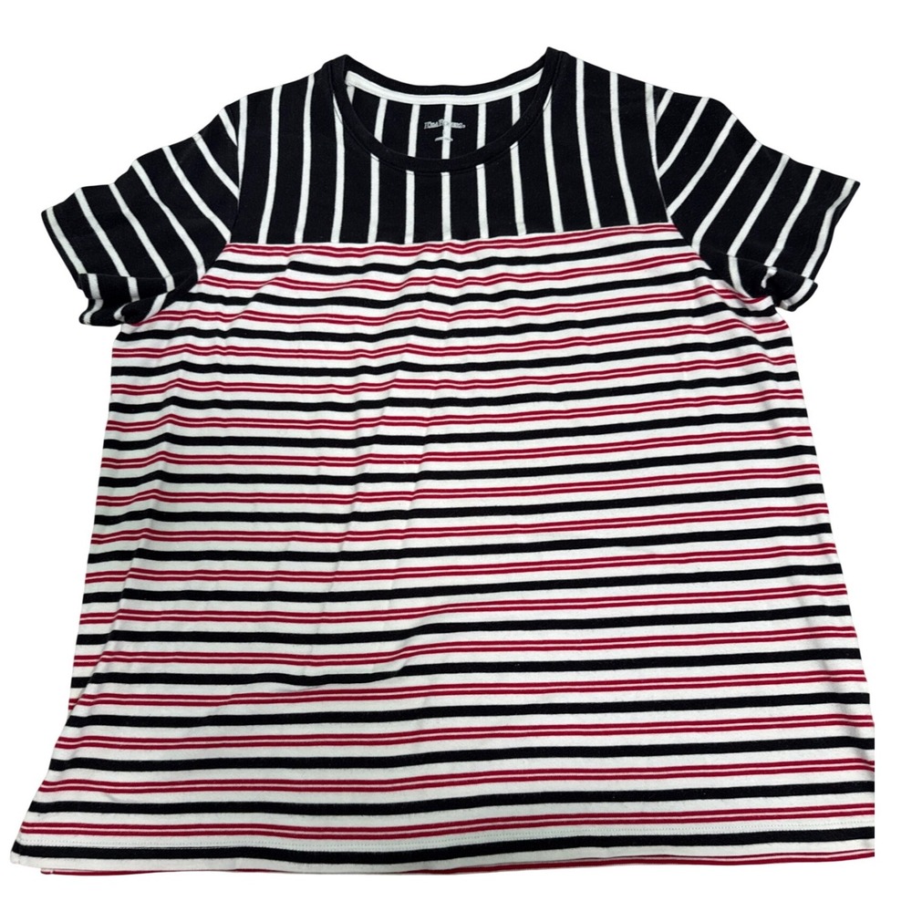 Kim Rogers Womens Large Mixed Stripe Short Sleeve Tee Black White Red Crew Neck